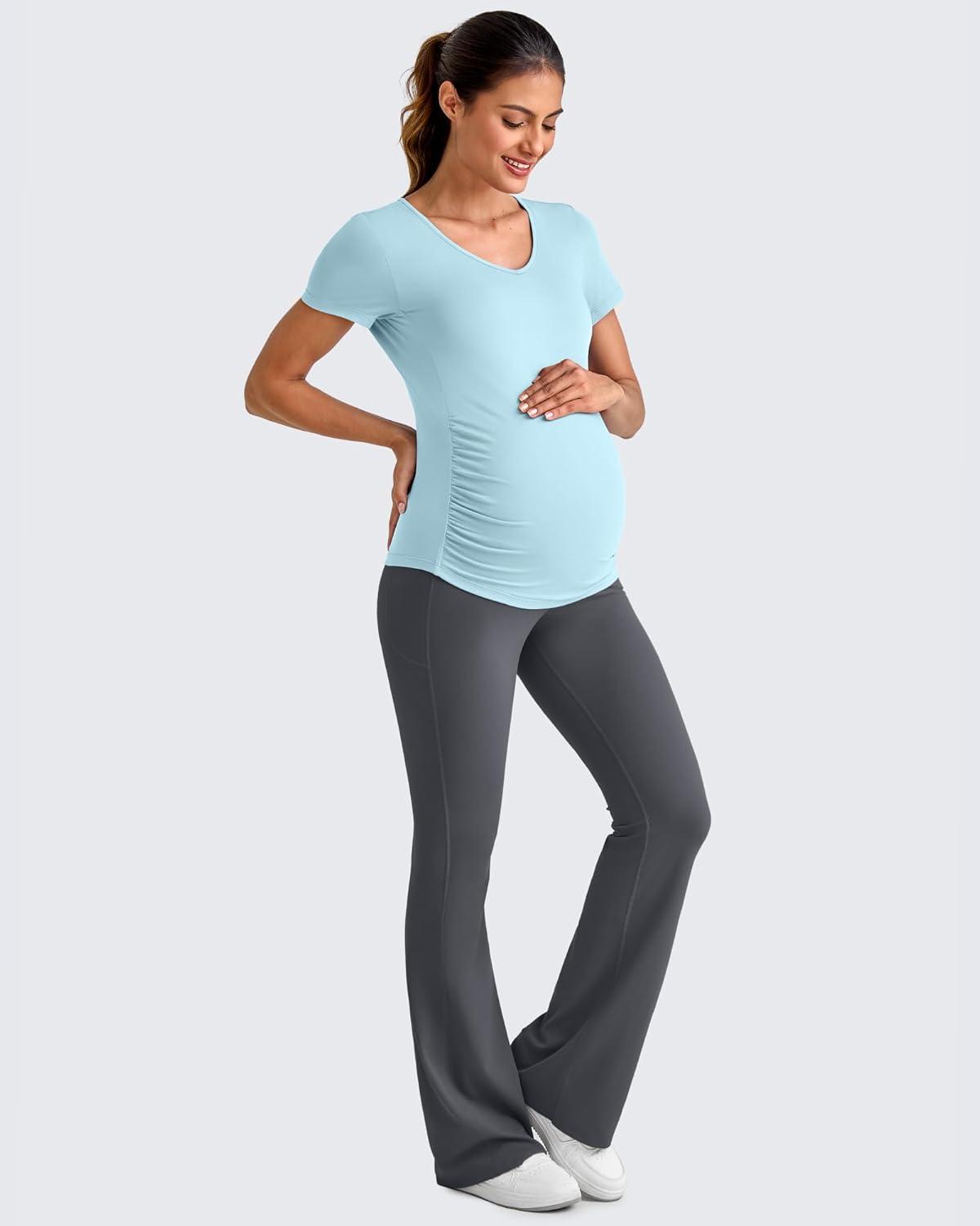 imageG4Free Lightweight Maternity Shirts Short Sleeve V Neck Pregnancy Workout Tops Side Ruched Stretchy Yoga Lounge TeesLight Blue