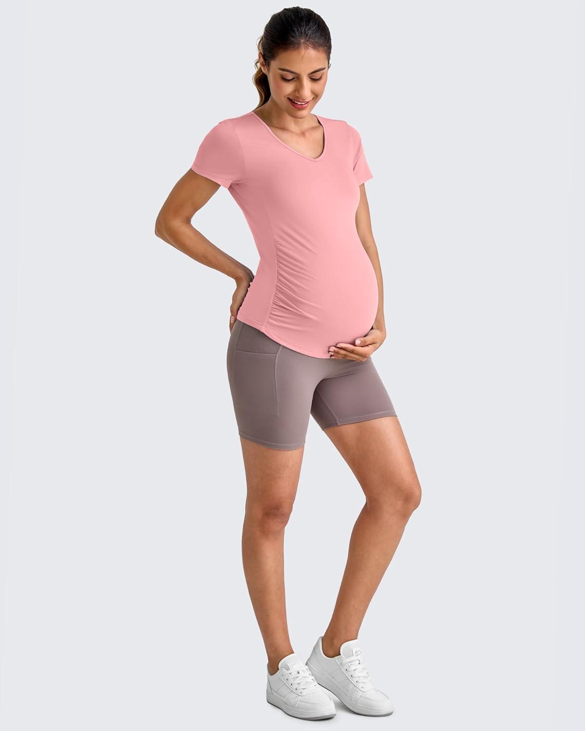 imageG4Free Lightweight Maternity Shirts Short Sleeve V Neck Pregnancy Workout Tops Side Ruched Stretchy Yoga Lounge TeesPink
