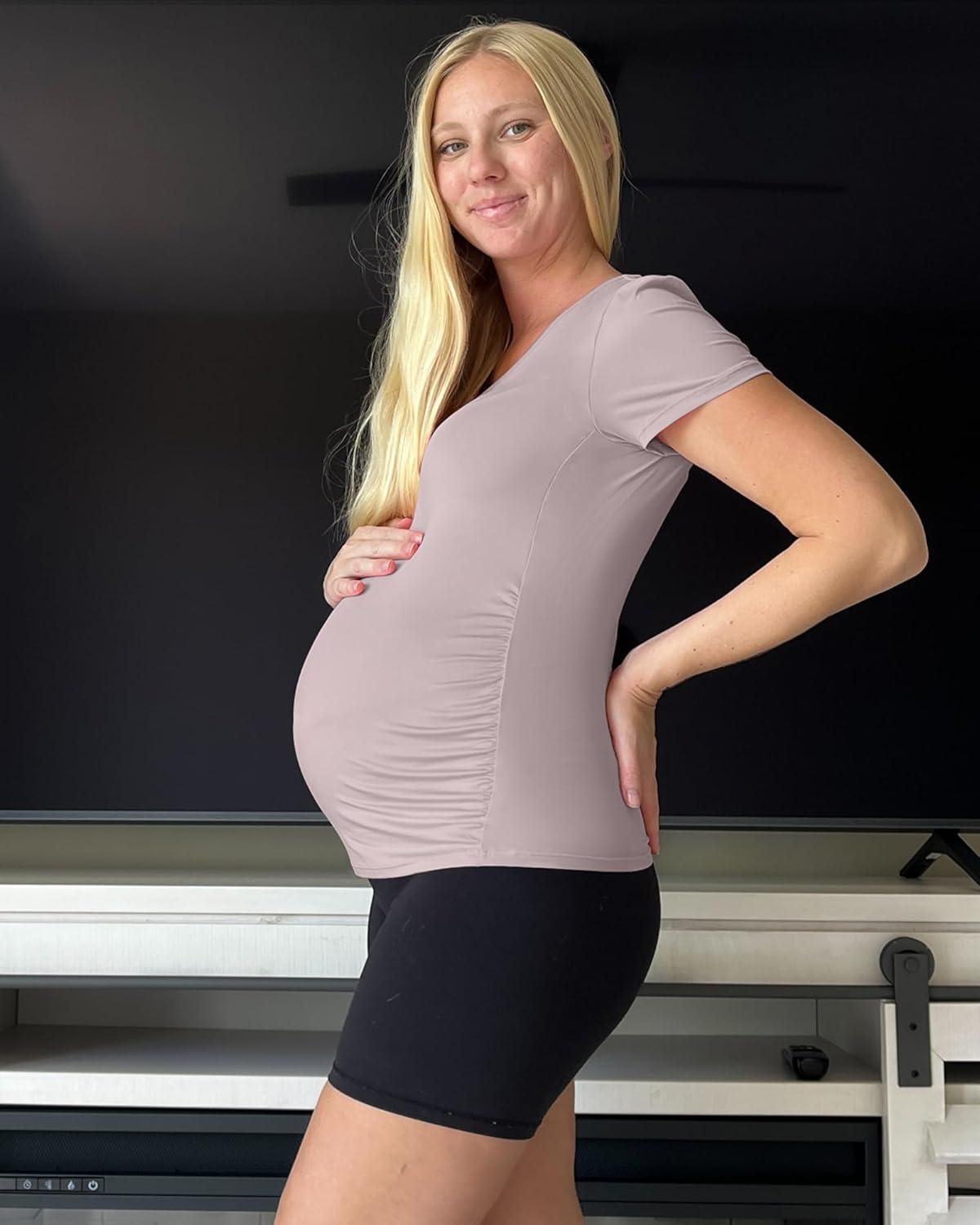 imageG4Free Lightweight Maternity Shirts Short Sleeve V Neck Pregnancy Workout Tops Side Ruched Stretchy Yoga Lounge TeesPurple