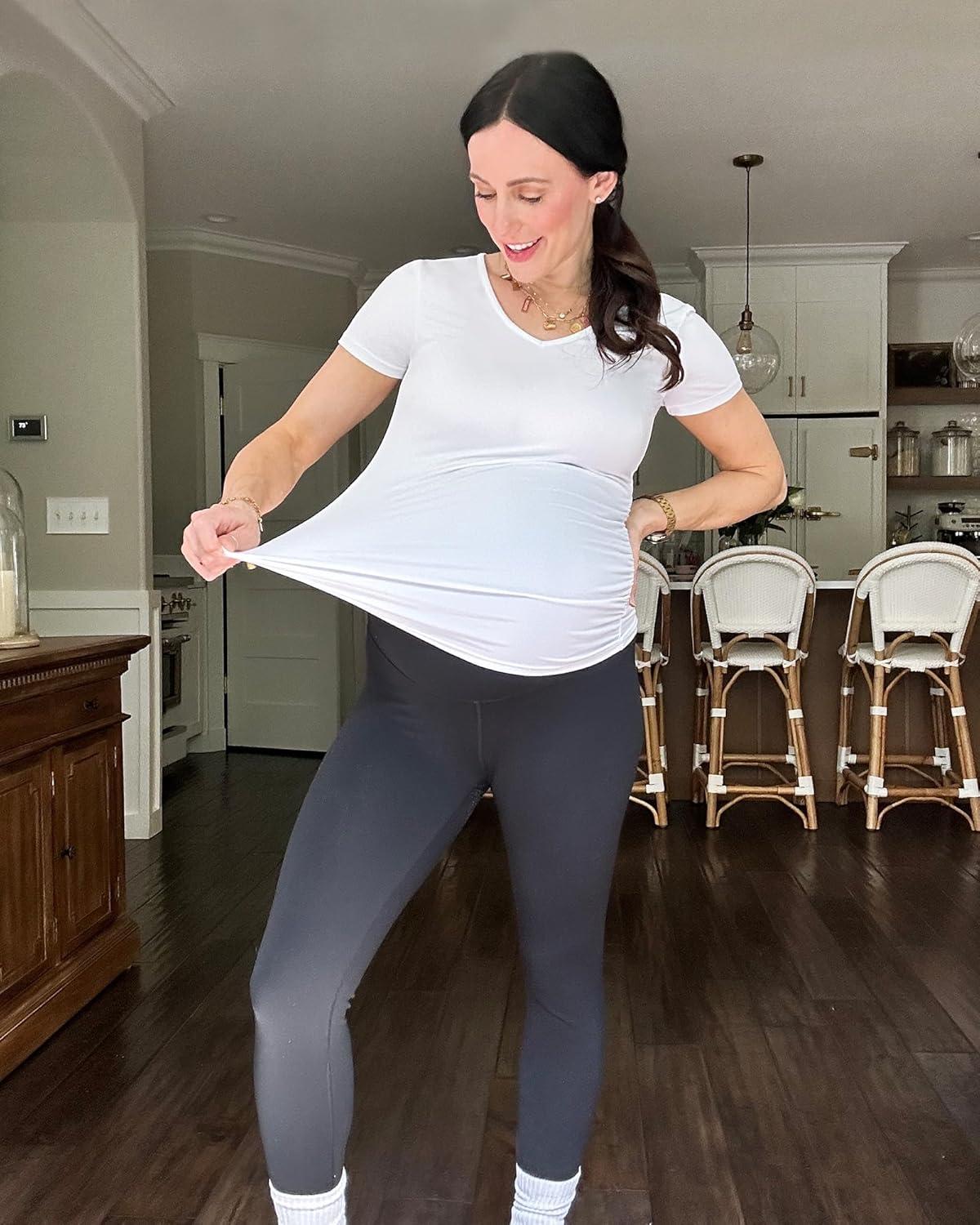 imageG4Free Lightweight Maternity Shirts Short Sleeve V Neck Pregnancy Workout Tops Side Ruched Stretchy Yoga Lounge TeesWhite