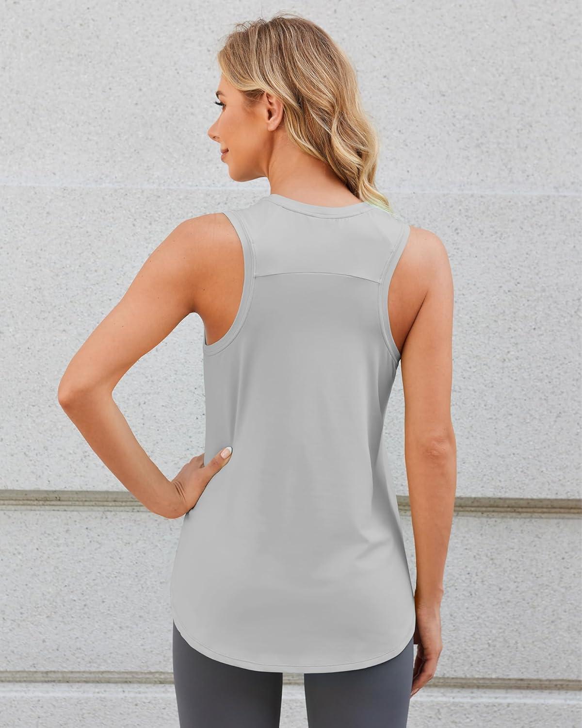 imageG4Free Lightweight Racerback Workout Tank Tops for Women High Neck Athletic Long Tanks Fast Dry Sleeveless Running ShirtsLight Gray