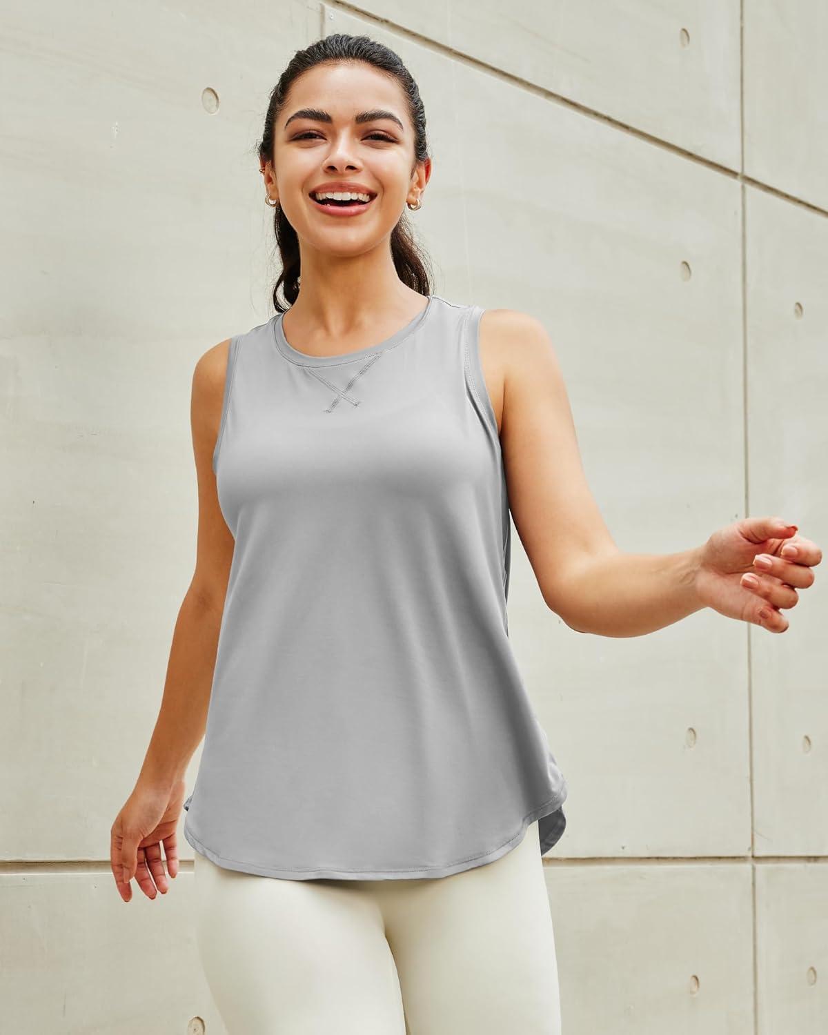 imageG4Free Lightweight Racerback Workout Tank Tops for Women High Neck Athletic Long Tanks Fast Dry Sleeveless Running ShirtsLight Gray
