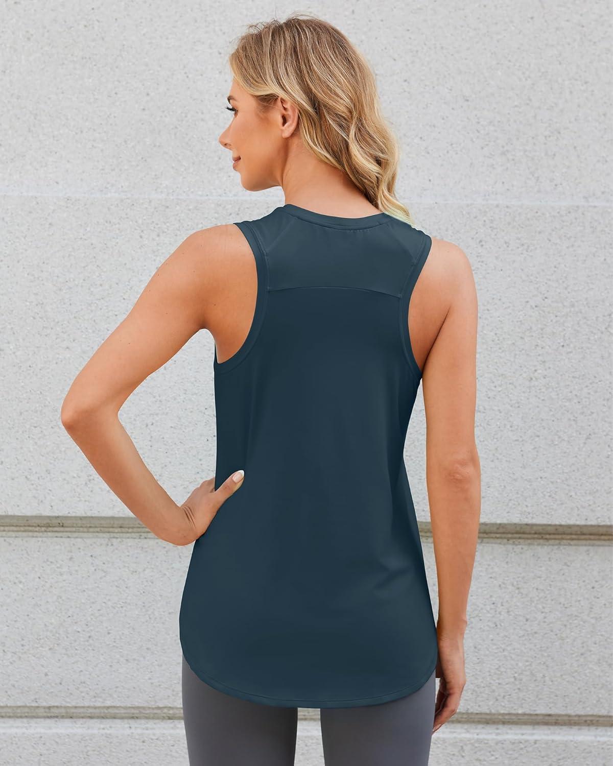 imageG4Free Lightweight Racerback Workout Tank Tops for Women High Neck Athletic Long Tanks Fast Dry Sleeveless Running ShirtsNavy