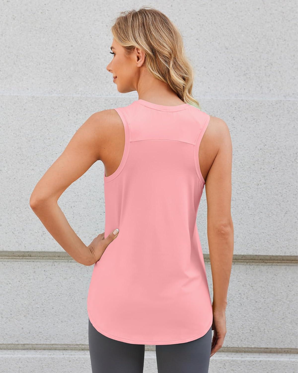 imageG4Free Lightweight Racerback Workout Tank Tops for Women High Neck Athletic Long Tanks Fast Dry Sleeveless Running ShirtsPink