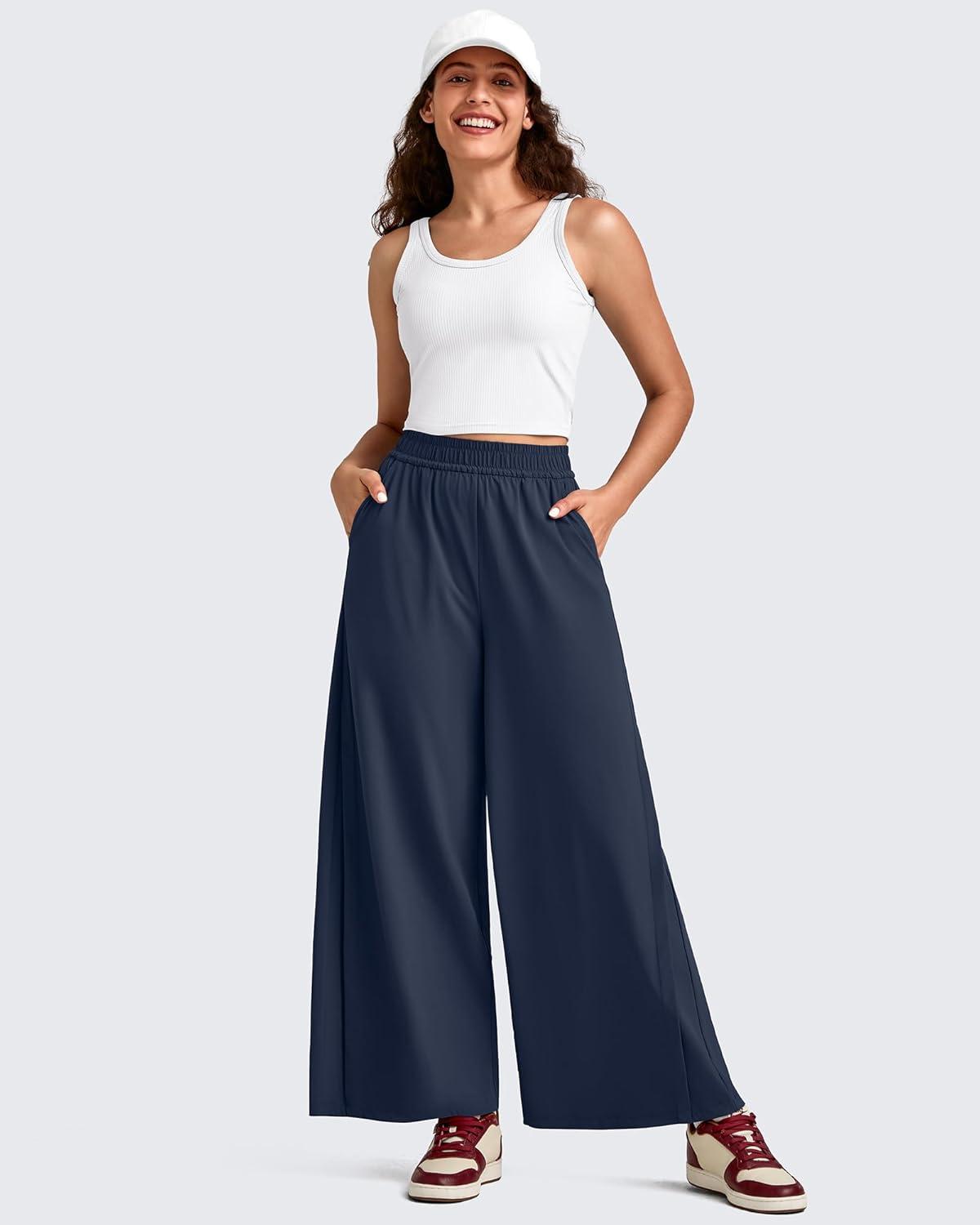 imageG4Free Lightweight Wide Leg Ankle Pants for Women High Waisted Yoga Trouser with Pockets Loose Cropped Travel PantDark Navy