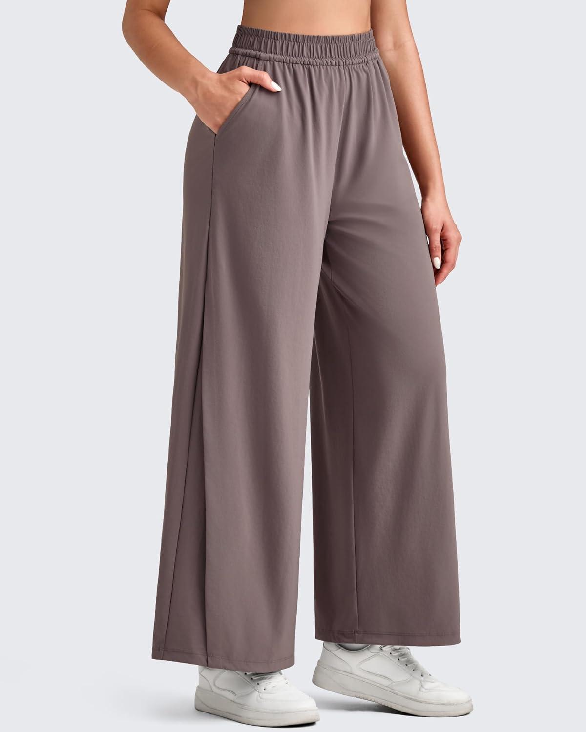 imageG4Free Lightweight Wide Leg Ankle Pants for Women High Waisted Yoga Trouser with Pockets Loose Cropped Travel PantTaupe