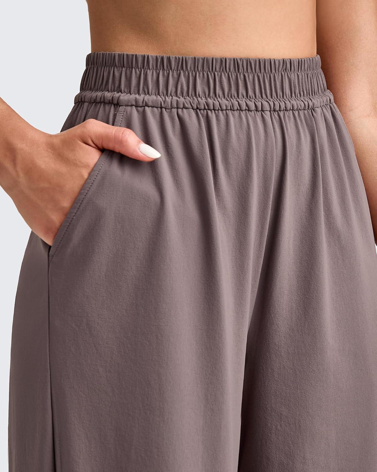 imageG4Free Lightweight Wide Leg Ankle Pants for Women High Waisted Yoga Trouser with Pockets Loose Cropped Travel PantTaupe