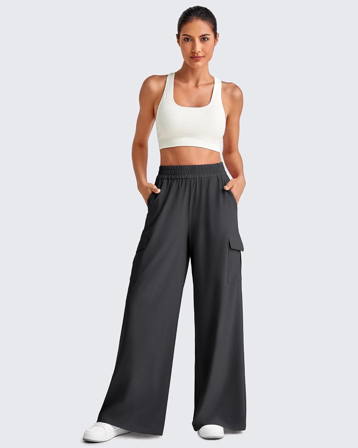 imageG4Free Lightweight Wide Leg Cargo Pants Women High Waisted Lounge Pants with 4 Pockets for Casual Travel Summer FallBlack