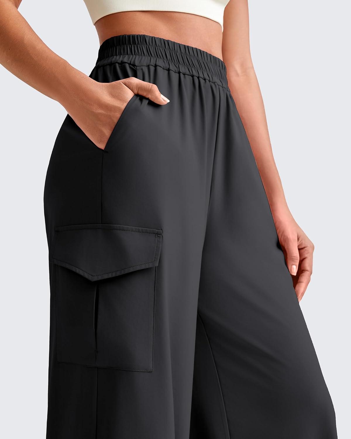 imageG4Free Lightweight Wide Leg Cargo Pants Women High Waisted Lounge Pants with 4 Pockets for Casual Travel Summer FallBlack