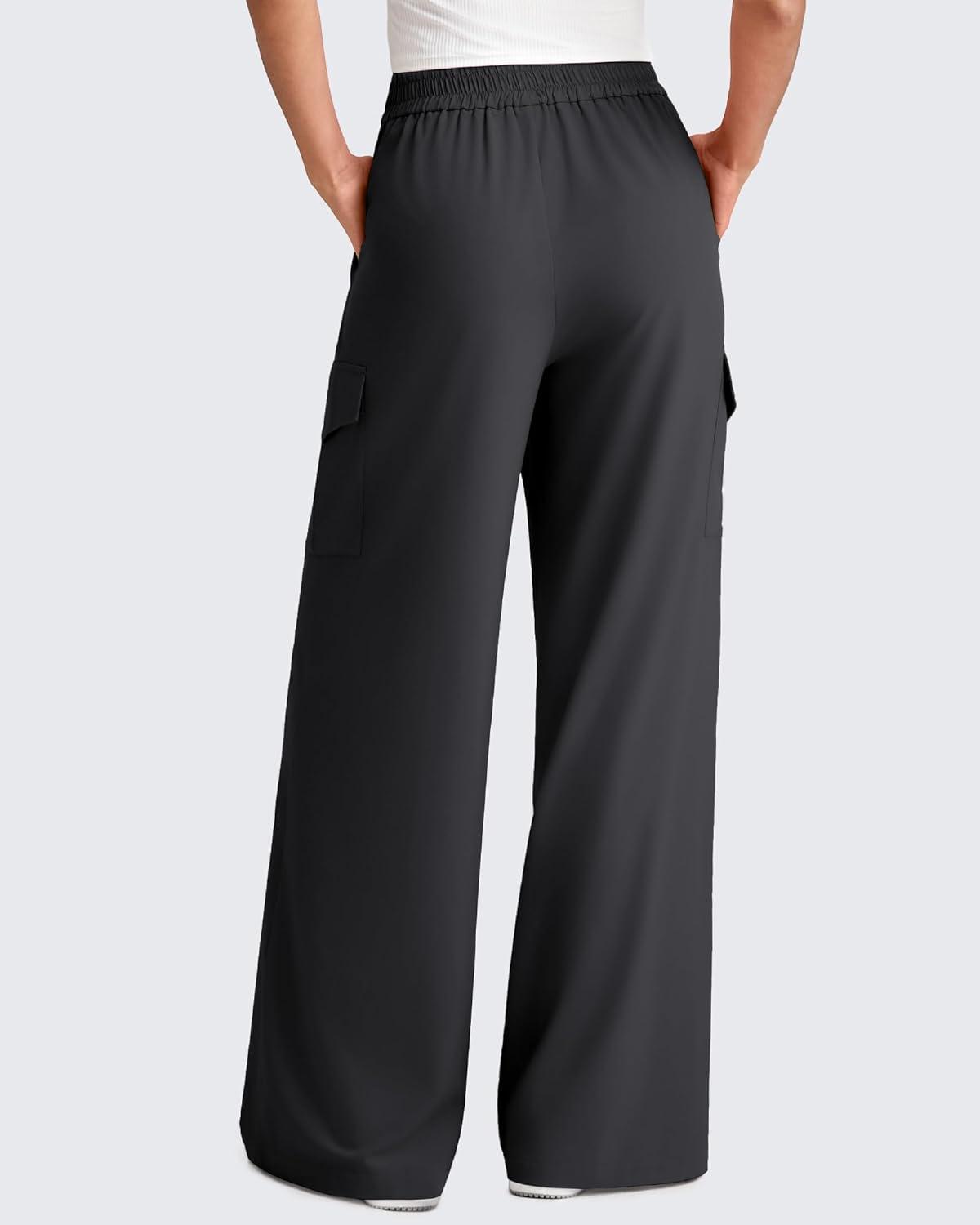 imageG4Free Lightweight Wide Leg Cargo Pants Women High Waisted Lounge Pants with 4 Pockets for Casual Travel Summer FallBlack