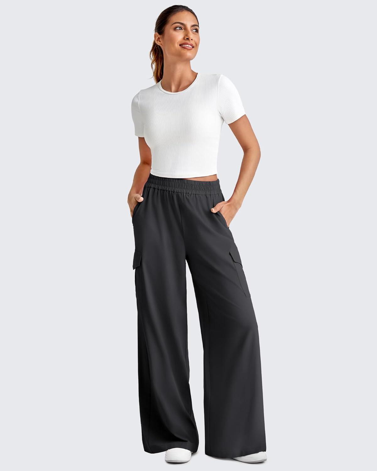 imageG4Free Lightweight Wide Leg Cargo Pants Women High Waisted Lounge Pants with 4 Pockets for Casual Travel Summer FallBlack