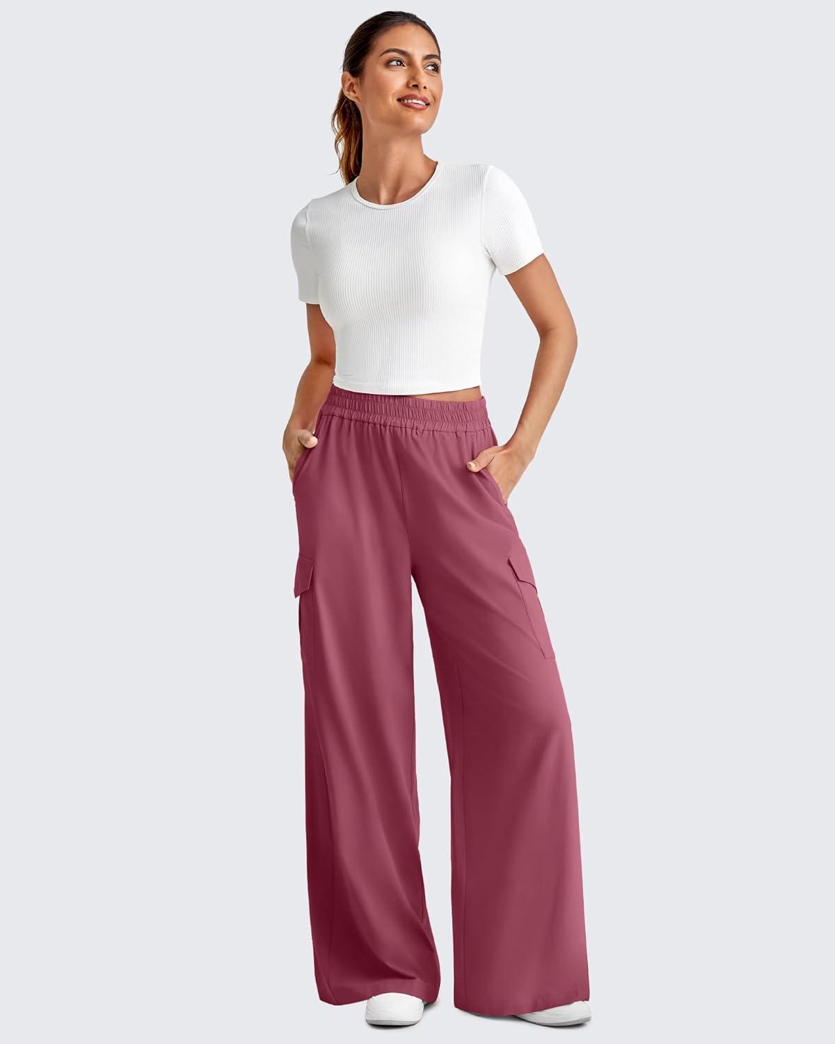 imageG4Free Lightweight Wide Leg Cargo Pants Women High Waisted Lounge Pants with 4 Pockets for Casual Travel Summer FallBurgundy