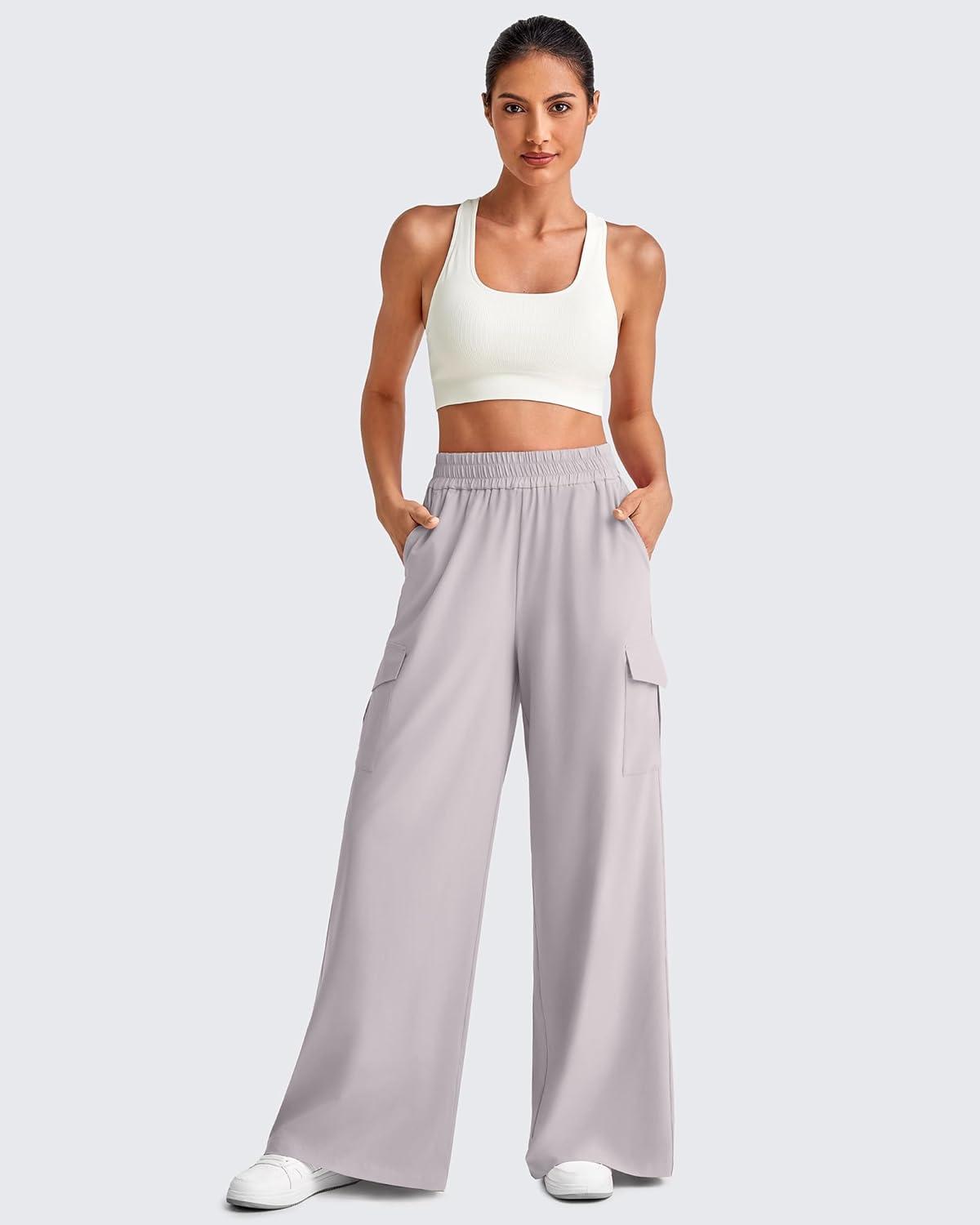 imageG4Free Lightweight Wide Leg Cargo Pants Women High Waisted Lounge Pants with 4 Pockets for Casual Travel Summer FallChrim Gray