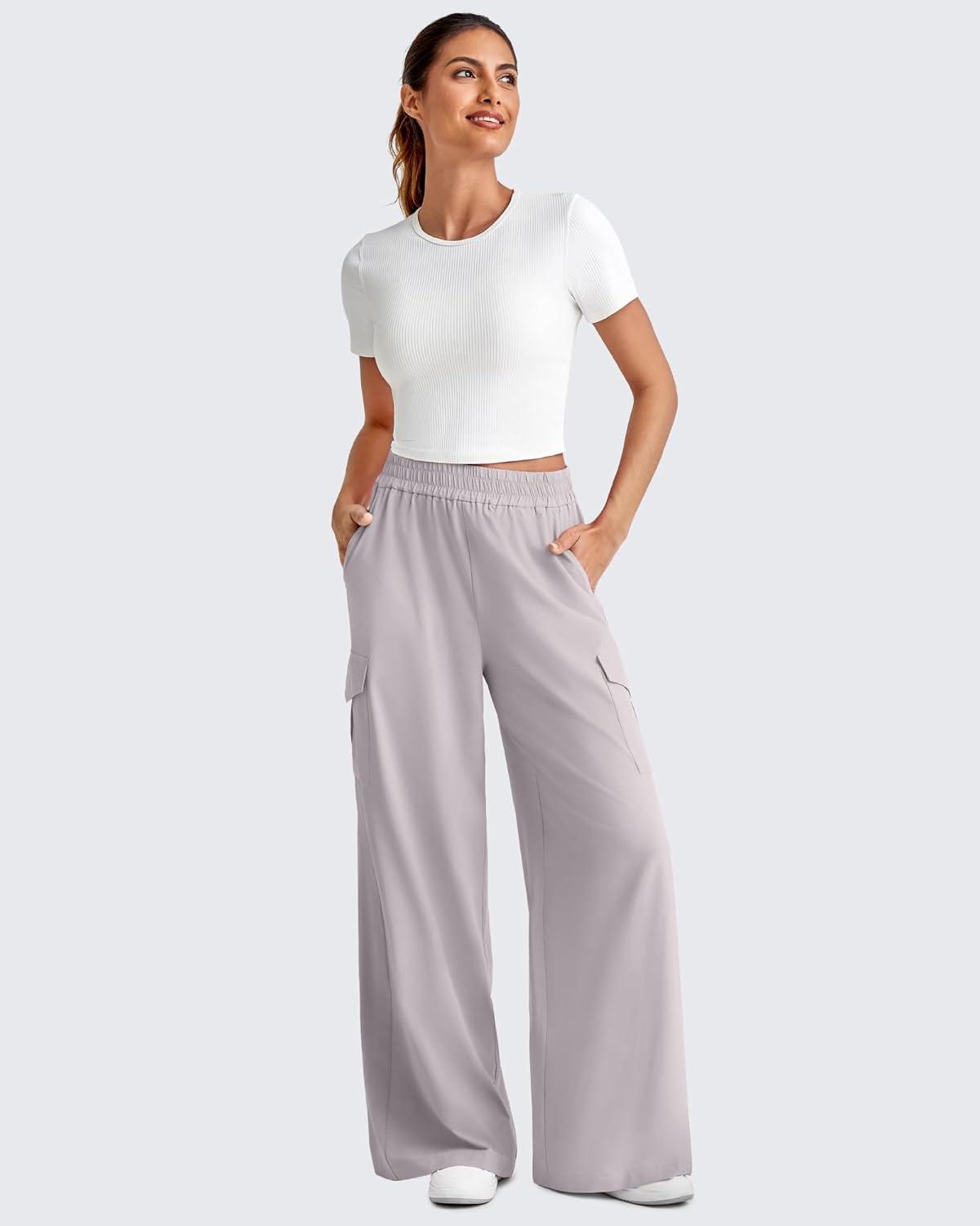 imageG4Free Lightweight Wide Leg Cargo Pants Women High Waisted Lounge Pants with 4 Pockets for Casual Travel Summer FallChrim Gray