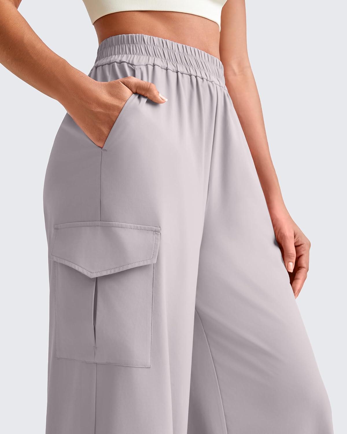 imageG4Free Lightweight Wide Leg Cargo Pants Women High Waisted Lounge Pants with 4 Pockets for Casual Travel Summer FallChrim Gray