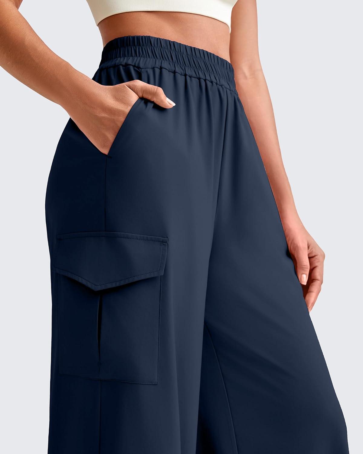 imageG4Free Lightweight Wide Leg Cargo Pants Women High Waisted Lounge Pants with 4 Pockets for Casual Travel Summer FallDark Navy