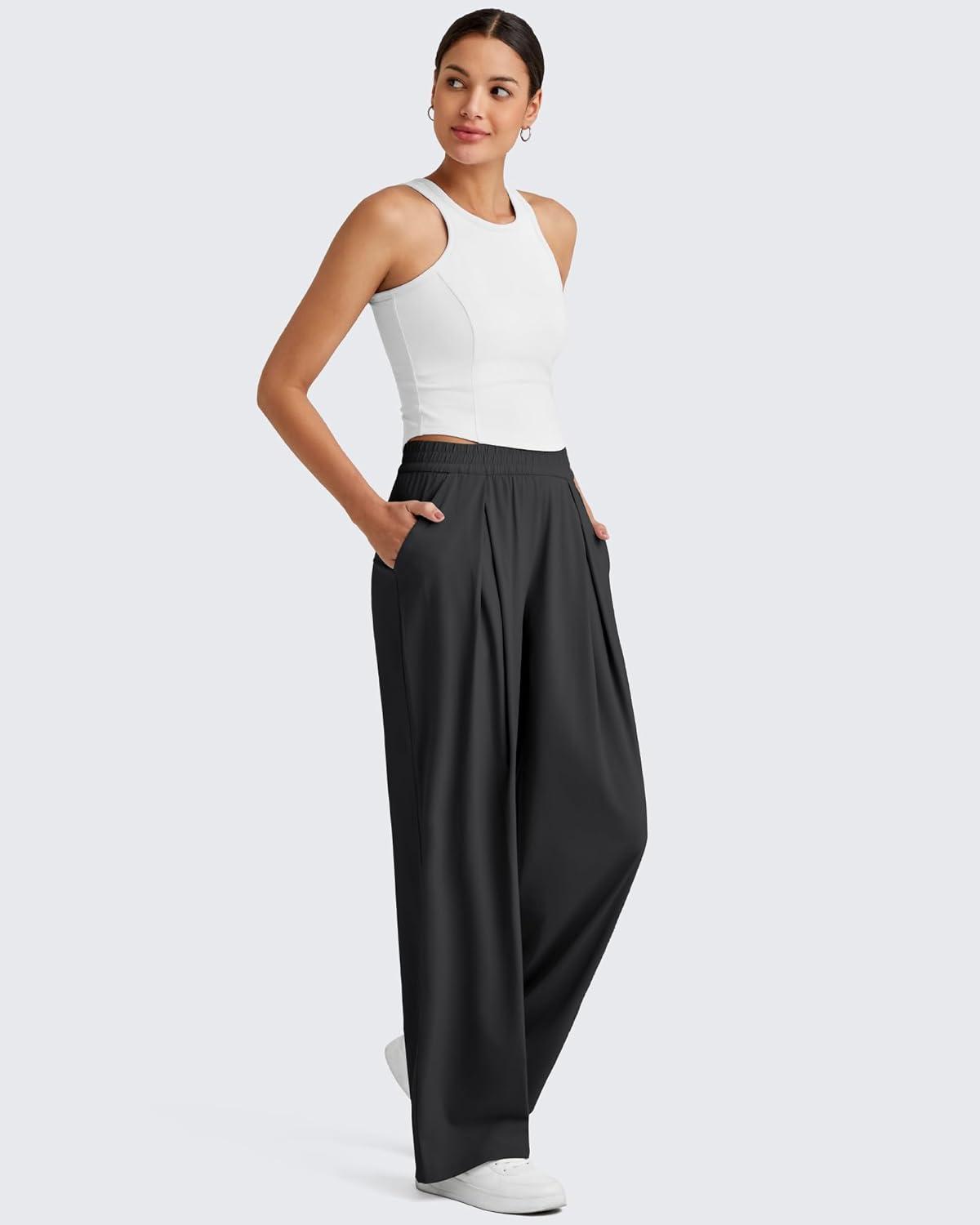 imageG4Free Lightweight Wide Leg Pants Women Trendy Flowy High Waisted Front Pleat Travel Pant Casual Lounge TrousersBlack