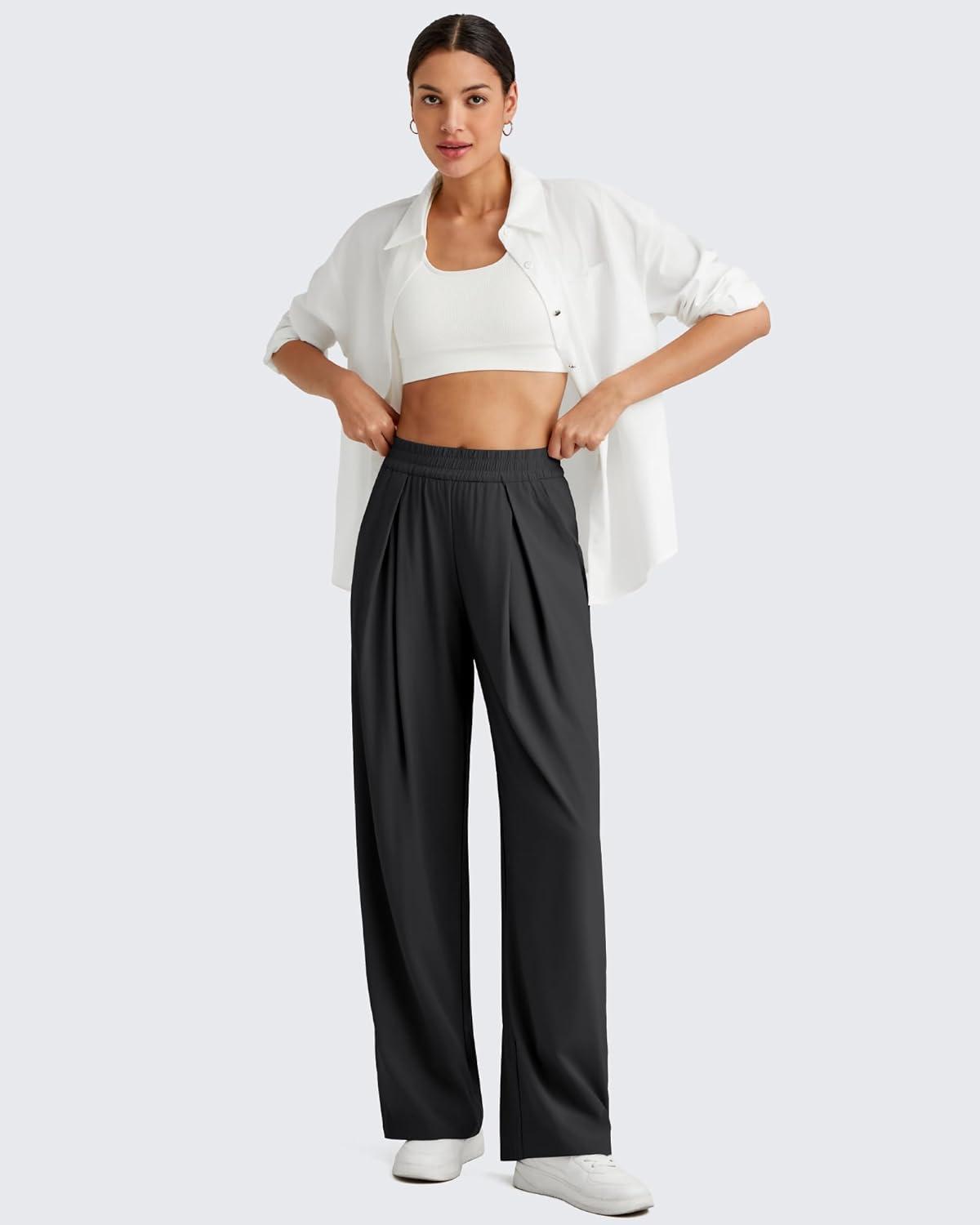 imageG4Free Lightweight Wide Leg Pants Women Trendy Flowy High Waisted Front Pleat Travel Pant Casual Lounge TrousersBlack