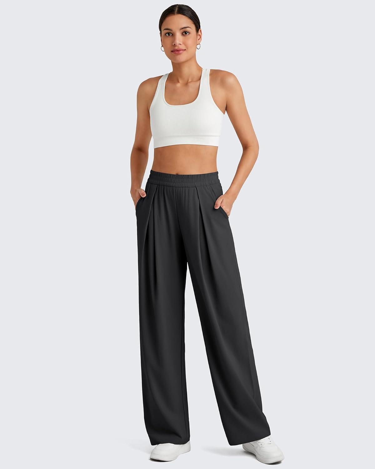 imageG4Free Lightweight Wide Leg Pants Women Trendy Flowy High Waisted Front Pleat Travel Pant Casual Lounge TrousersBlack