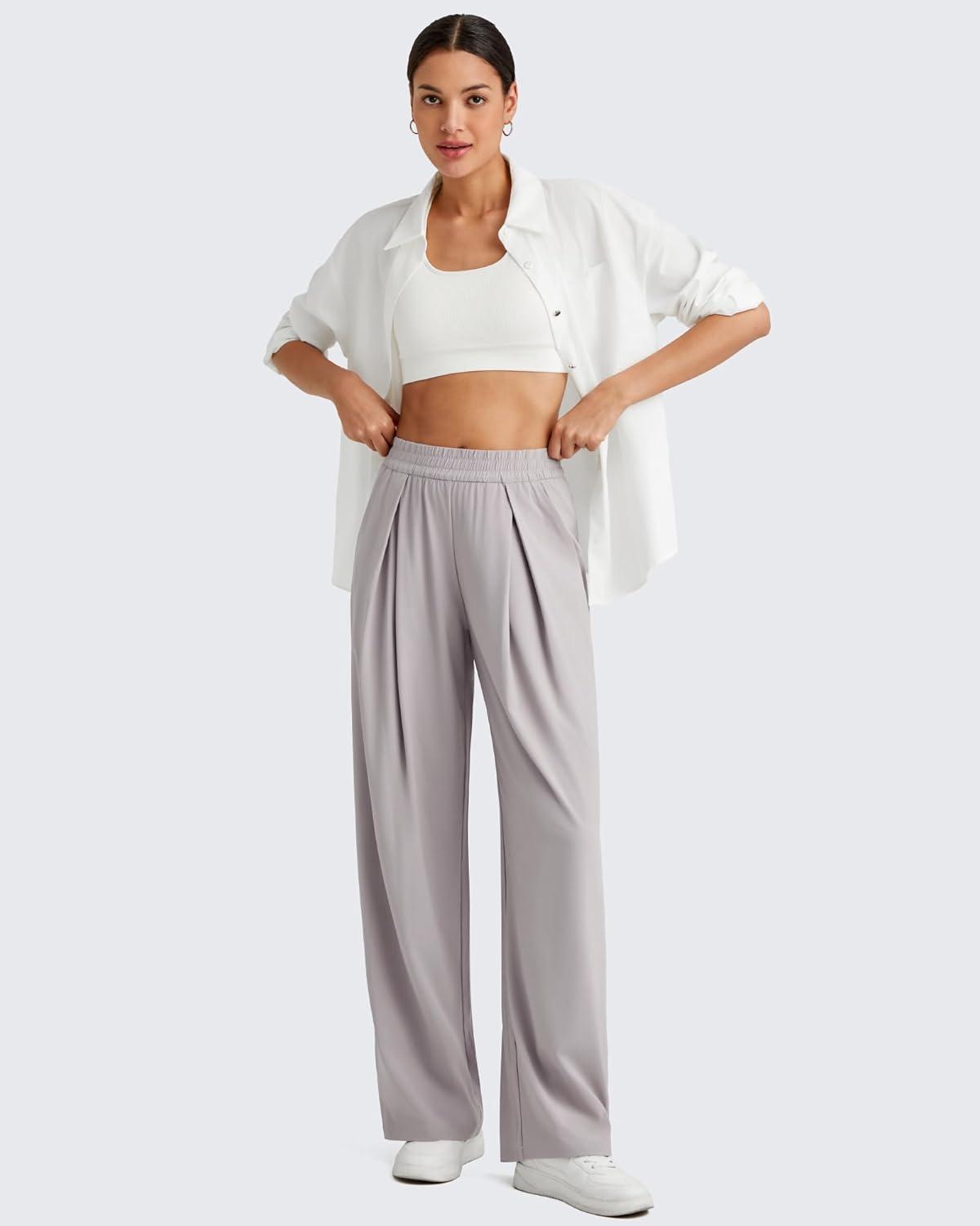 imageG4Free Lightweight Wide Leg Pants Women Trendy Flowy High Waisted Front Pleat Travel Pant Casual Lounge TrousersChrim Gray