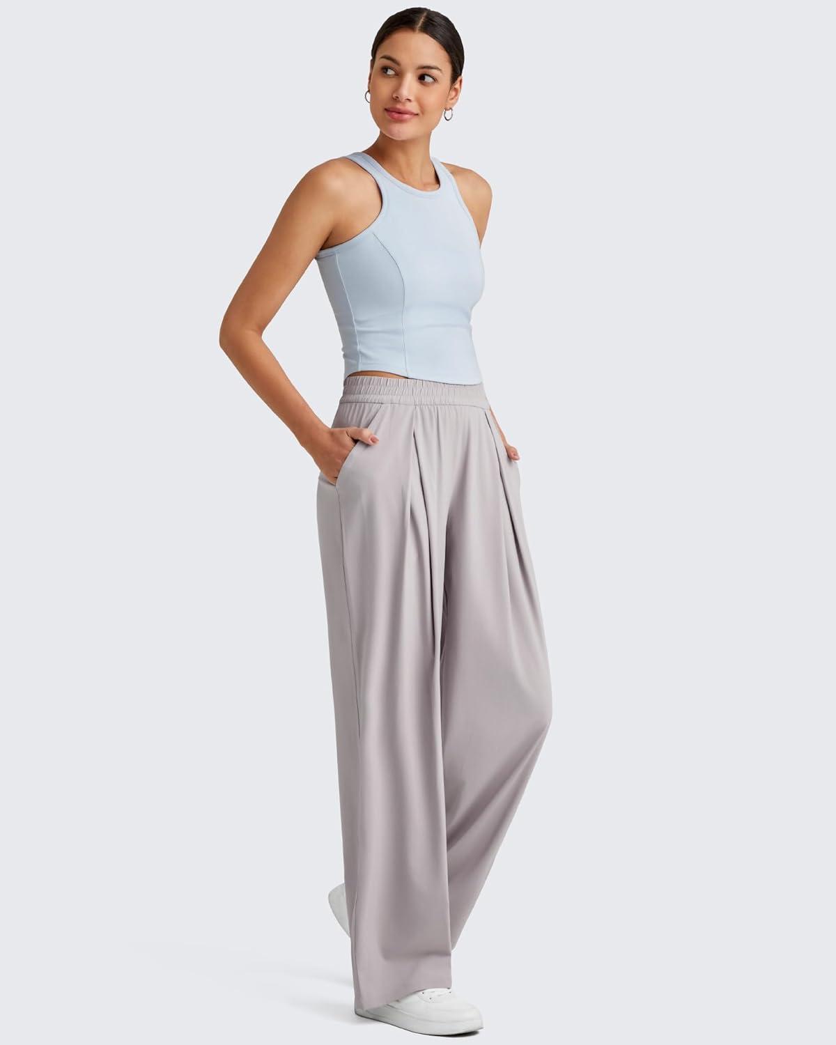 imageG4Free Lightweight Wide Leg Pants Women Trendy Flowy High Waisted Front Pleat Travel Pant Casual Lounge TrousersChrim Gray