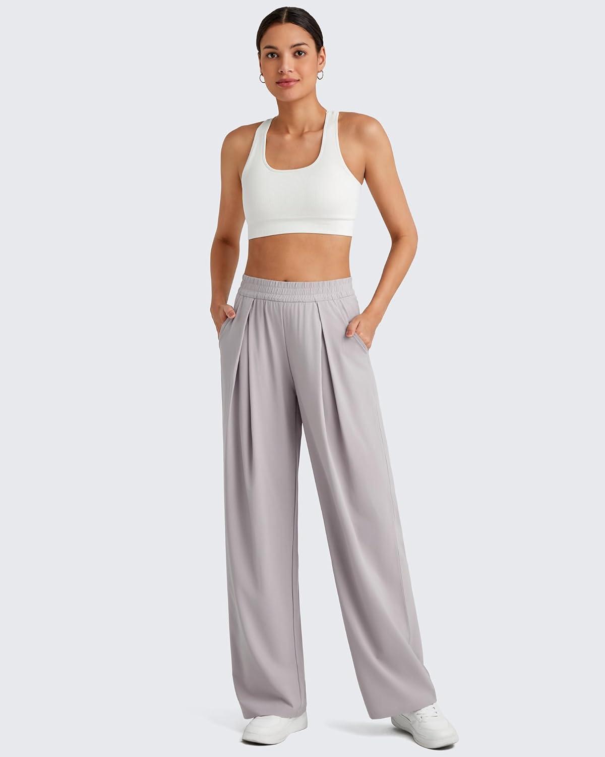 imageG4Free Lightweight Wide Leg Pants Women Trendy Flowy High Waisted Front Pleat Travel Pant Casual Lounge TrousersChrim Gray