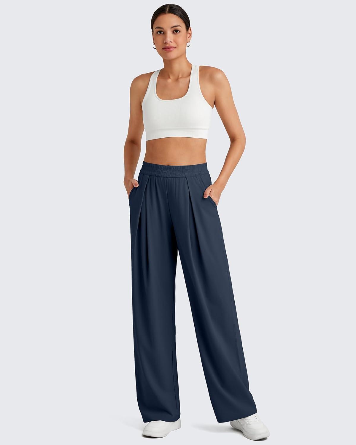 imageG4Free Lightweight Wide Leg Pants Women Trendy Flowy High Waisted Front Pleat Travel Pant Casual Lounge TrousersDark Blue