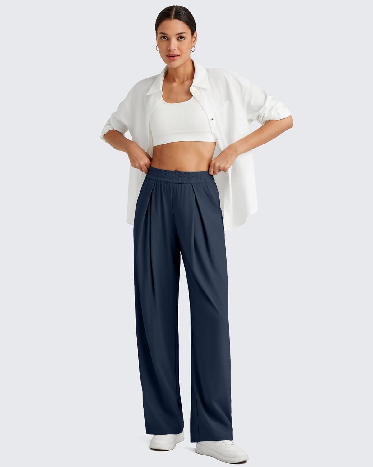 imageG4Free Lightweight Wide Leg Pants Women Trendy Flowy High Waisted Front Pleat Travel Pant Casual Lounge TrousersDark Blue