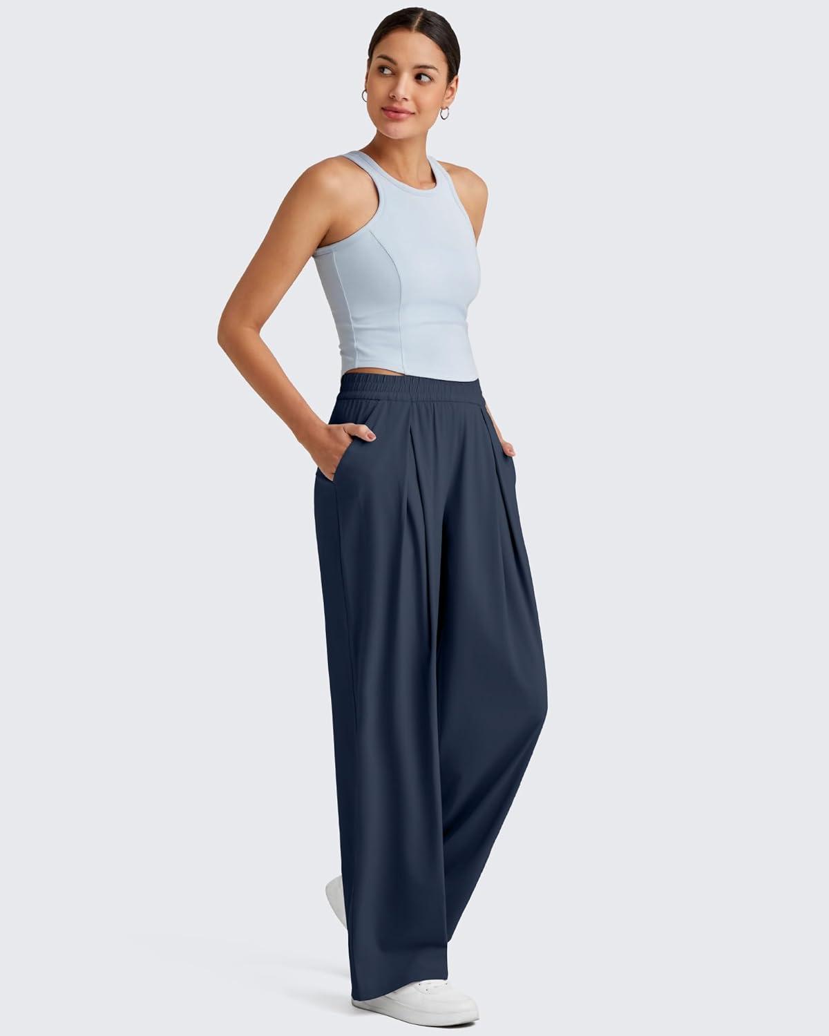 imageG4Free Lightweight Wide Leg Pants Women Trendy Flowy High Waisted Front Pleat Travel Pant Casual Lounge TrousersDark Blue