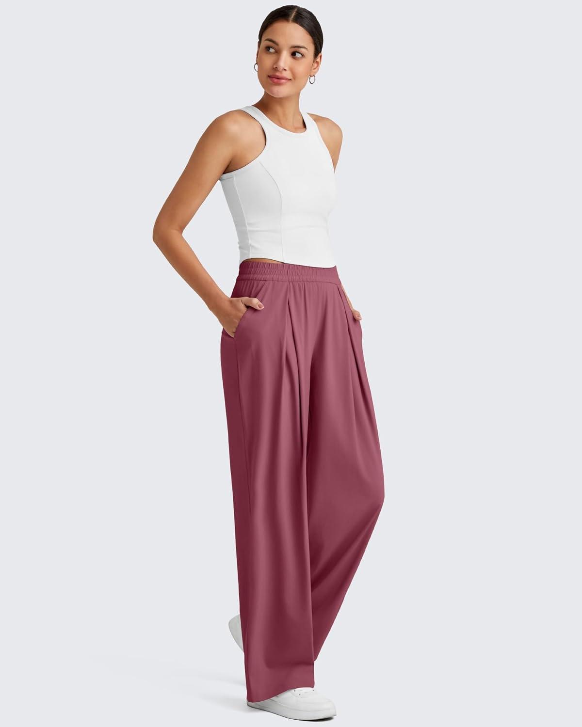 imageG4Free Lightweight Wide Leg Pants Women Trendy Flowy High Waisted Front Pleat Travel Pant Casual Lounge TrousersWine