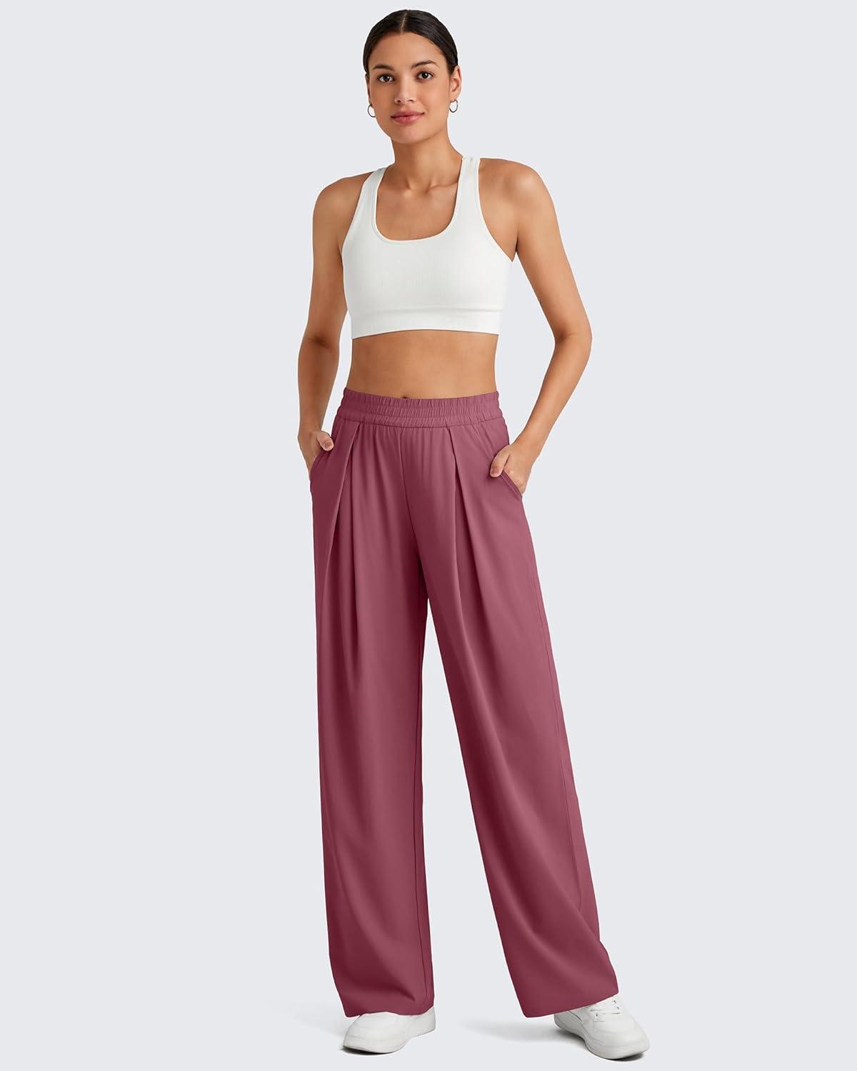 imageG4Free Lightweight Wide Leg Pants Women Trendy Flowy High Waisted Front Pleat Travel Pant Casual Lounge TrousersWine