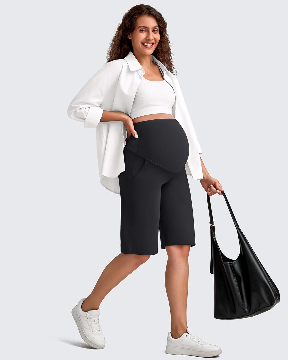 imageG4Free Maternity Athletic Shorts with Pockets Over The Belly Stretchy Workout Pants Pregnancy Wide Leg Bermuda CasualBlack