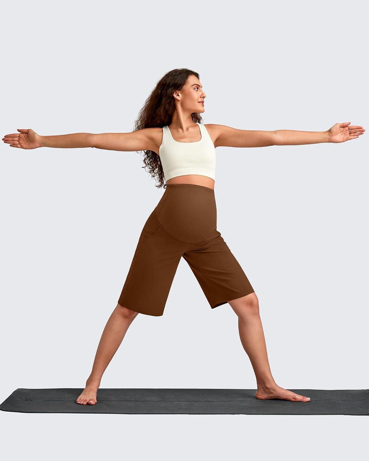 imageG4Free Maternity Athletic Shorts with Pockets Over The Belly Stretchy Workout Pants Pregnancy Wide Leg Bermuda CasualDark Coffee
