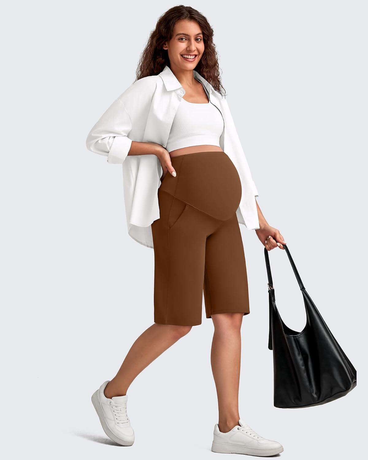 imageG4Free Maternity Athletic Shorts with Pockets Over The Belly Stretchy Workout Pants Pregnancy Wide Leg Bermuda CasualDark Coffee
