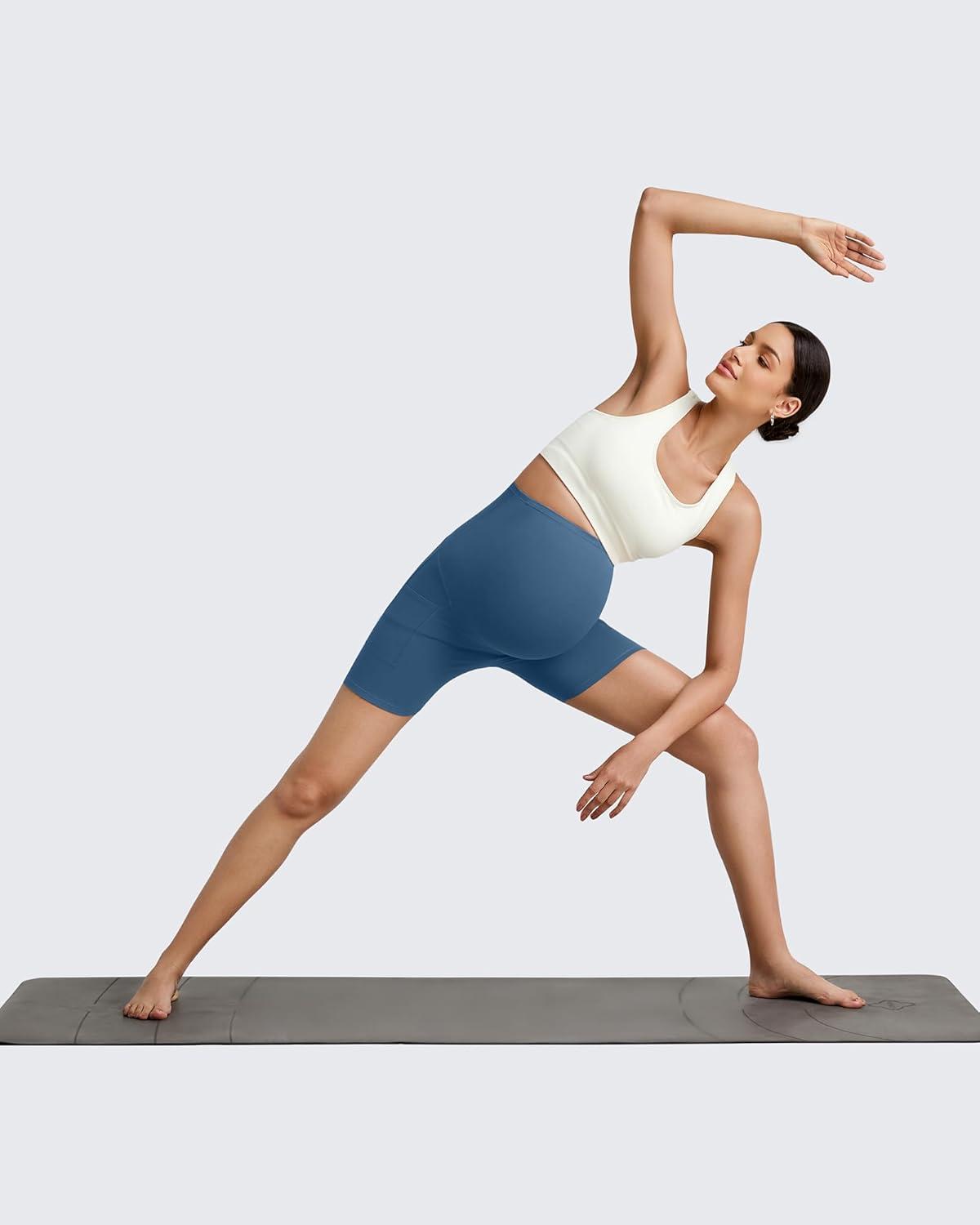imageG4Free Maternity Biker Shorts with Pockets Over The Belly Legging 5quot Pregnancy Yoga Pants Athletic WorkoutBlue Gray