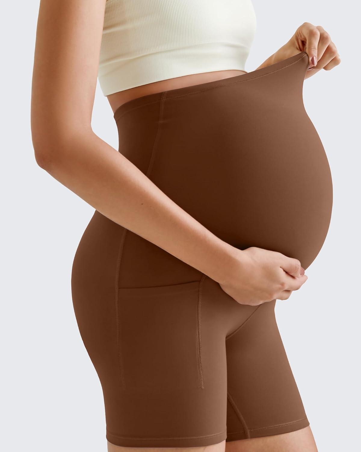 imageG4Free Maternity Biker Shorts with Pockets Over The Belly Legging 5quot Pregnancy Yoga Pants Athletic WorkoutCoffee
