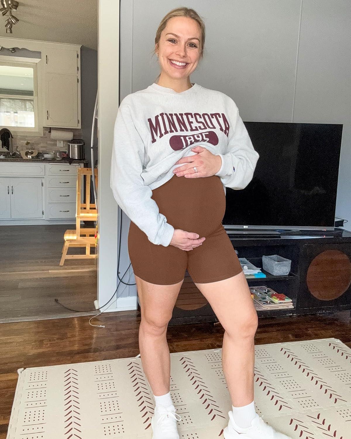 imageG4Free Maternity Biker Shorts with Pockets Over The Belly Legging 5quot Pregnancy Yoga Pants Athletic WorkoutCoffee