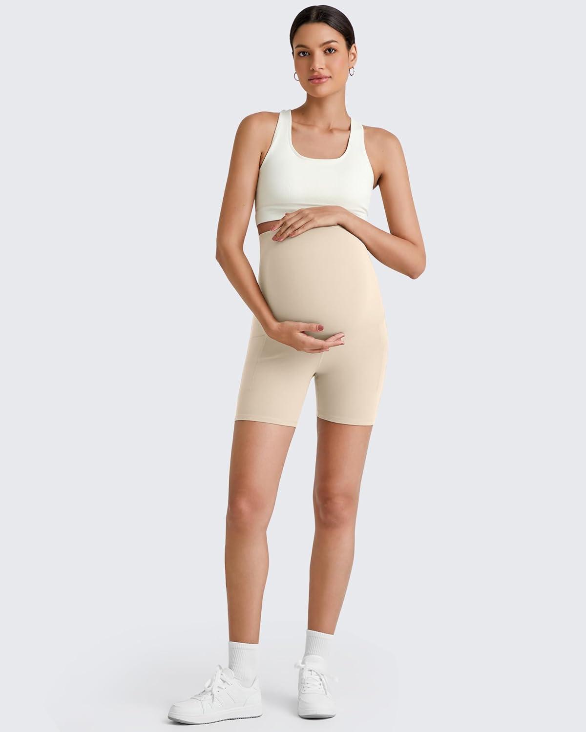 imageG4Free Maternity Biker Shorts with Pockets Over The Belly Legging 5quot Pregnancy Yoga Pants Athletic WorkoutLight Khaki