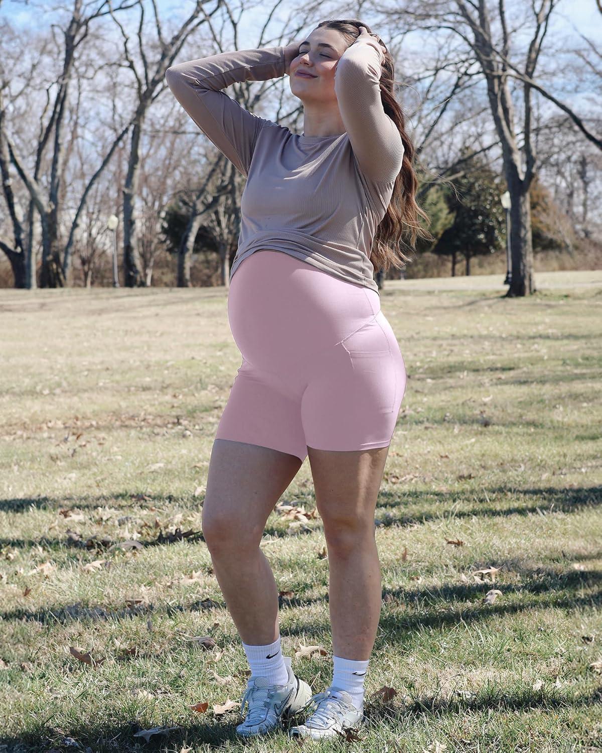 imageG4Free Maternity Biker Shorts with Pockets Over The Belly Legging 5quot Pregnancy Yoga Pants Athletic WorkoutPink