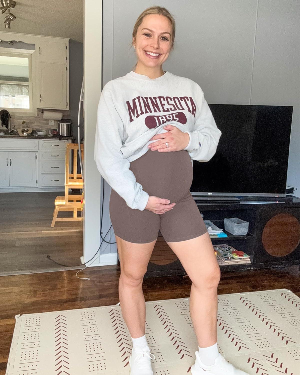 imageG4Free Maternity Biker Shorts with Pockets Over The Belly Legging 5quot Pregnancy Yoga Pants Athletic WorkoutTaupe