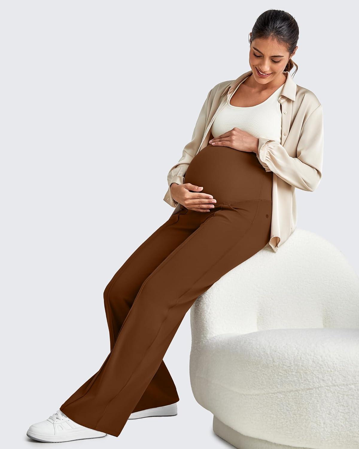 imageG4Free Maternity Dress Yoga Pants with Pockets Over The Belly Stretchy Work Slack Pregnancy Wide Leg Lounge TrousersDark Coffee