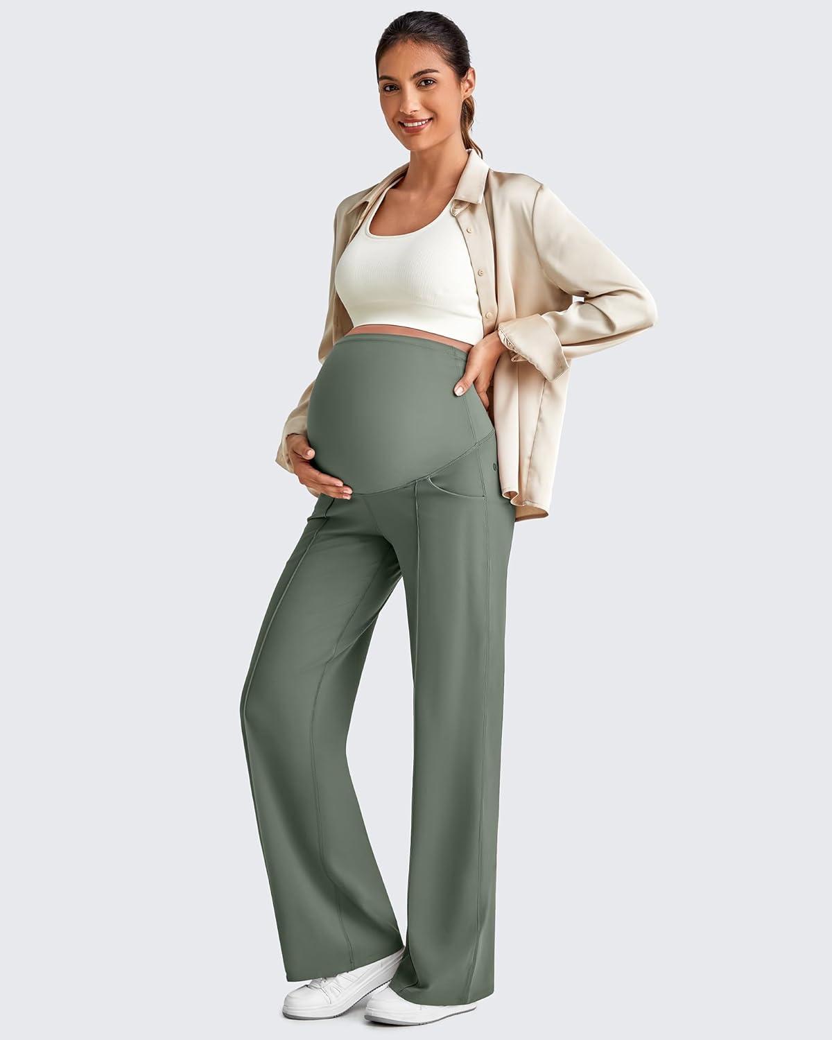 imageG4Free Maternity Dress Yoga Pants with Pockets Over The Belly Stretchy Work Slack Pregnancy Wide Leg Lounge TrousersGray Sage