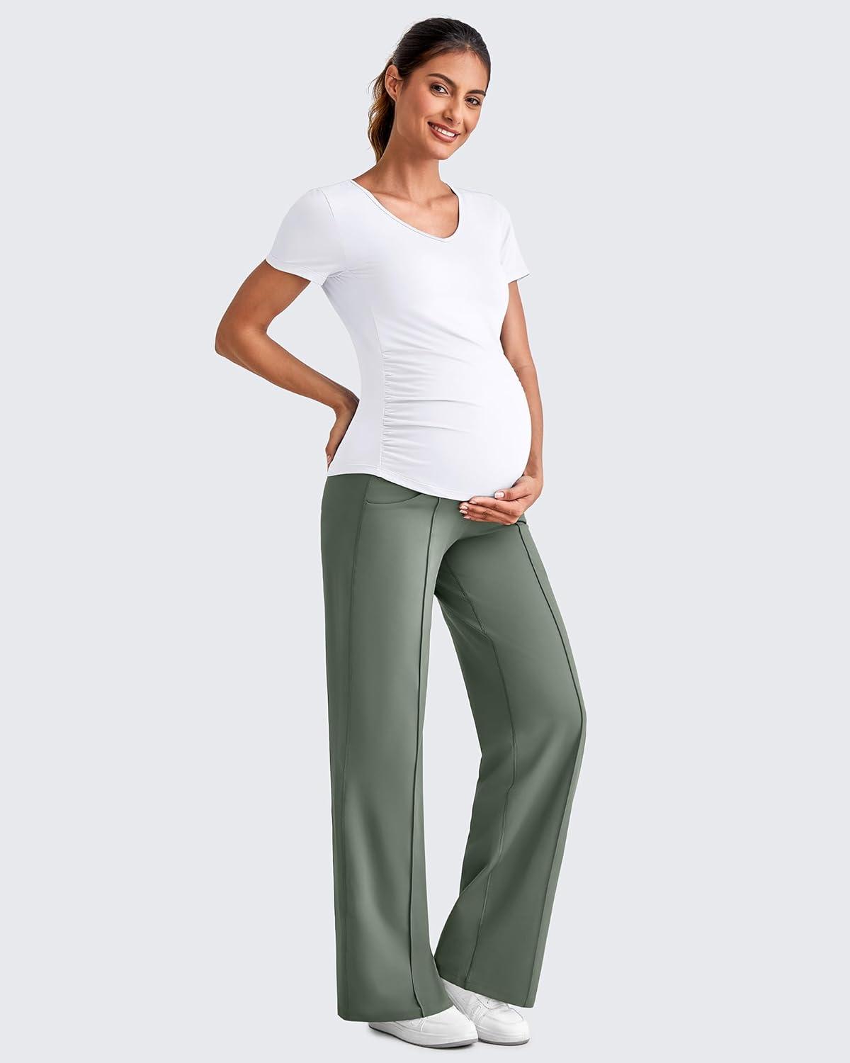 imageG4Free Maternity Dress Yoga Pants with Pockets Over The Belly Stretchy Work Slack Pregnancy Wide Leg Lounge TrousersGray Sage