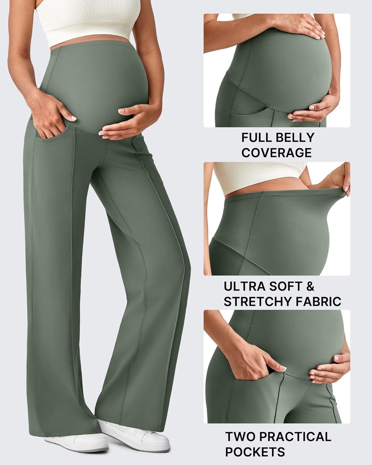 imageG4Free Maternity Dress Yoga Pants with Pockets Over The Belly Stretchy Work Slack Pregnancy Wide Leg Lounge TrousersGray Sage