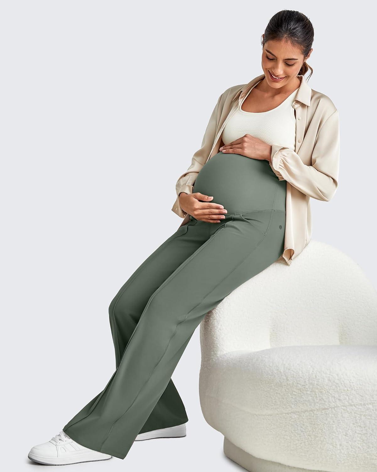 imageG4Free Maternity Dress Yoga Pants with Pockets Over The Belly Stretchy Work Slack Pregnancy Wide Leg Lounge TrousersGray Sage