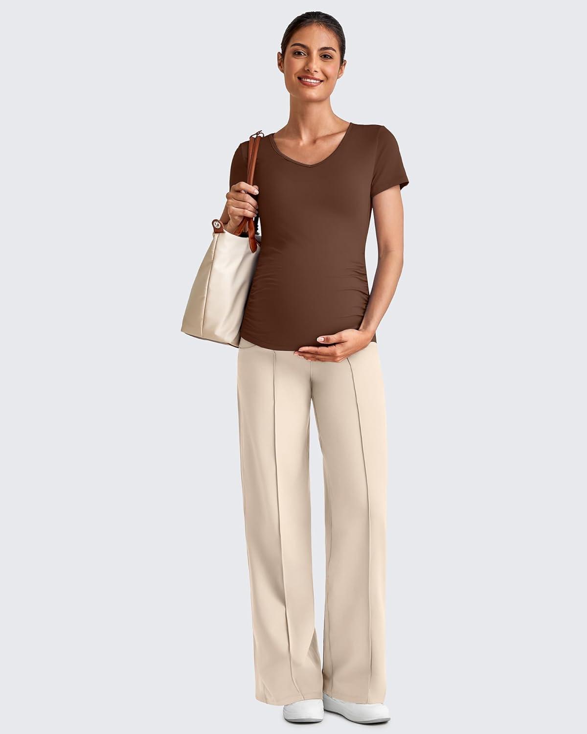 imageG4Free Maternity Dress Yoga Pants with Pockets Over The Belly Stretchy Work Slack Pregnancy Wide Leg Lounge TrousersLight Khaki