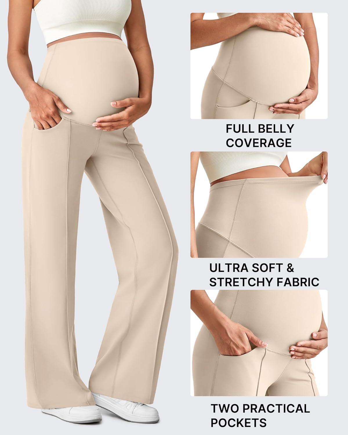 imageG4Free Maternity Dress Yoga Pants with Pockets Over The Belly Stretchy Work Slack Pregnancy Wide Leg Lounge TrousersLight Khaki
