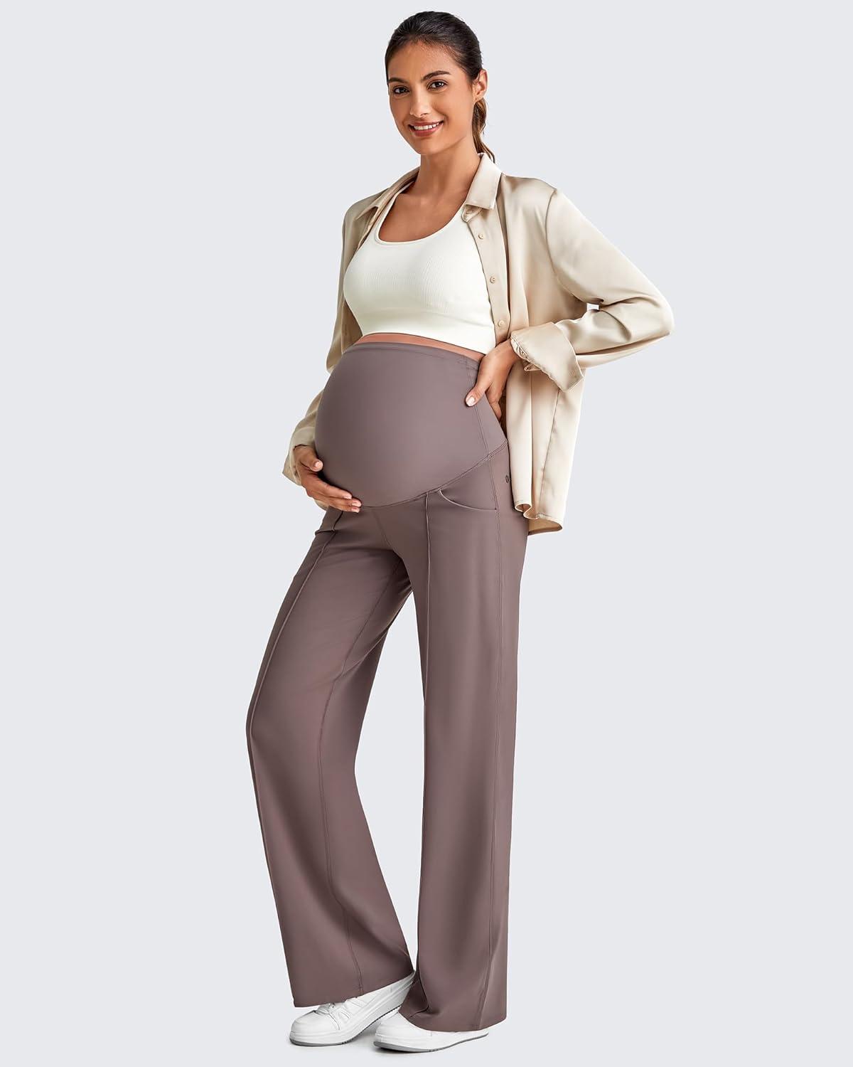 imageG4Free Maternity Dress Yoga Pants with Pockets Over The Belly Stretchy Work Slack Pregnancy Wide Leg Lounge TrousersTaupe