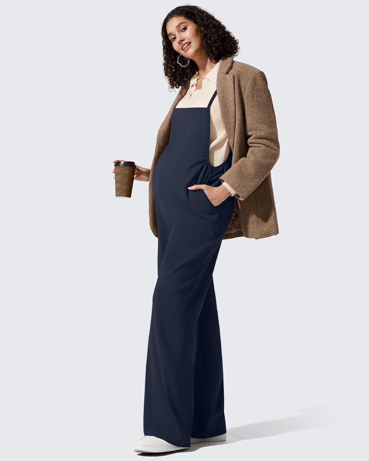 imageG4Free Maternity Jumpsuits Adjustable Strap Overalls Pregnancy Wide Leg Rompers with PocketsDark Navy
