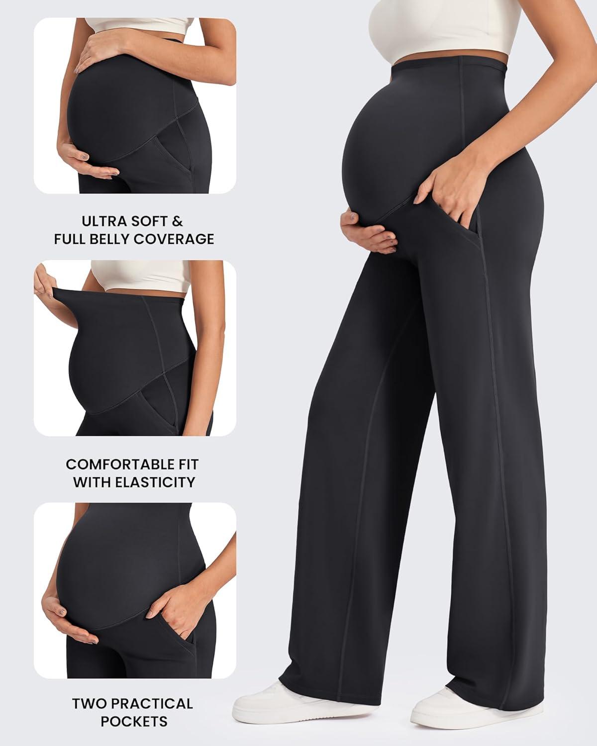 imageG4Free Maternity Pants Over The Belly Yoga Dress Work Pregnancy Pants Stretchy Lounge Wide Leg Trousers with PocketsBlack